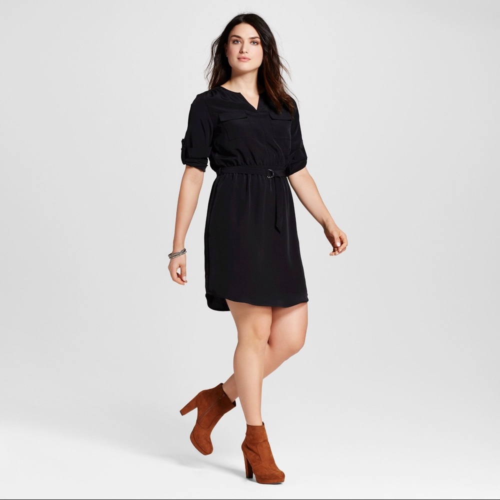 Convertible Sleeve Shirt Dress - Black